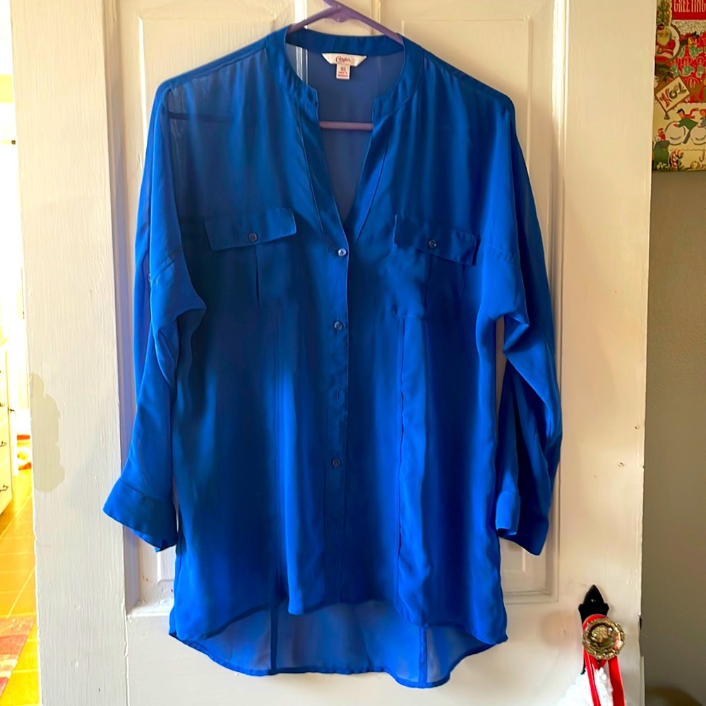 Semi sheer royal blue long sleeve shirt. Like New